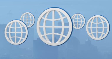 Şehirdeki yerkürelerin görüntüsü. Küresel bağlantılar, veri işleme ve dijital arayüz konsepti dijital olarak oluşturulmuş resim.