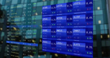 Ekranlarda finansal veri işleme resmi. Küresel ağlar, işletmeler, finansmanlar, hesaplama ve veri işleme kavramı dijital olarak oluşturuldu.