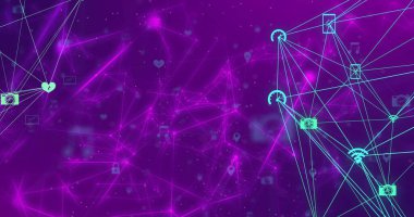 Mor arkaplan üzerindeki simgelerle bağlantı ağının resmi. Küresel bağlantılar, teknoloji ve dijital arayüz konsepti dijital olarak oluşturuldu.
