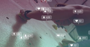 Duvara tırmanan beyaz kadın imajı, medya simgeleri. sağlık ve zindelik kavramı dijital olarak oluşturulmuş görüntü.