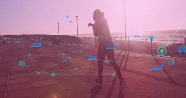 Afrika kökenli Amerikalı boksör erkek boksörlere karşı iletişim ağı gezinti güvertesinde yürüyor. spor ve spor konsepti