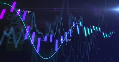 Siyah arkaplan üzerinde rakamlar olan finansal veri işleme resmi. Küresel ağlar, işletmeler, finansmanlar, hesaplama ve veri işleme kavramı dijital olarak oluşturuldu.