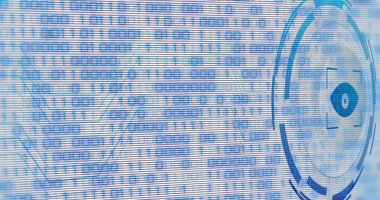 Beyaz arkaplanda veri işleme üzerine göz simgesi resmi. Sosyal medya ve dijital arayüz konsepti dijital olarak oluşturuldu.