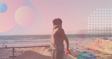 Sahilde gerinen Afrikalı Amerikalı bir adamın görüntüsü. sağlık ve zindelik kavramı dijital olarak oluşturulmuş görüntü.