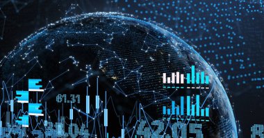 Finansal veri işleme görüntüsü dünya çapında bağlantılarla birlikte. Küresel ağlar, işletmeler, finansmanlar, hesaplama ve veri işleme kavramı dijital olarak oluşturuldu.