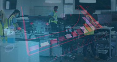 İş arkadaşlarının yüz maskesi takarak ofisi dezenfekte ettiği istatistikleri gösteren dijital arayüz. Coronavirus covid 19 salgını sırasında sağlık ve koruma dijital olarak üretilen görüntü