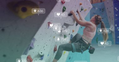 Duvara tırmanan beyaz kadın imajı, medya simgeleri. sağlık ve zindelik kavramı dijital olarak oluşturulmuş görüntü.