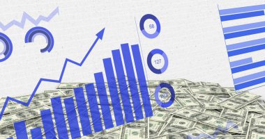 Amerikan dolarları üzerinden finansal veri işleme görüntüsü. Küresel iş, finans, hesaplama ve veri işleme kavramı dijital olarak oluşturulmuş görüntü.