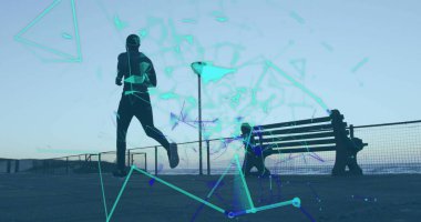 Açık havada koşan Afro-Amerikan bir adamın üzerindeki şekiller. sağlık ve zindelik kavramı dijital olarak oluşturulmuş görüntü.