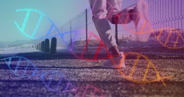 Dışarıda koşan Afrikalı Amerikalı bir adamın DNA 'sının görüntüsü. sağlık ve zindelik kavramı dijital olarak oluşturulmuş görüntü.