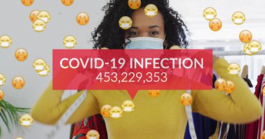 Sözcükler covid-19 enfeksiyonu ve yüz maskesi takan bir kadınla yüzen emoji. Coronavirus covid 19 salgını sırasında sağlık ve korunma, dijital olarak üretilen vide