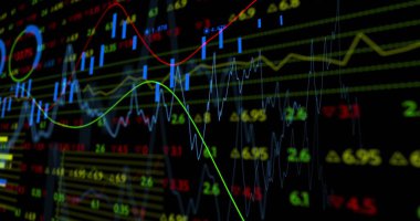 Siyah arkaplan üzerinde rakamlar olan finansal veri işleme resmi. Küresel ağlar, işletmeler, finansmanlar, hesaplama ve veri işleme kavramı dijital olarak oluşturuldu.