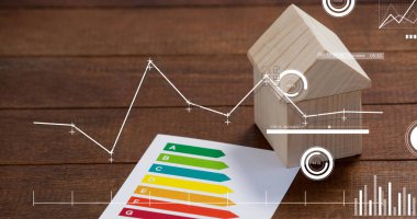 Ev ve enerji okumasıyla ilgili finansal veri işleme resmi. Küresel iş, finans, hesaplama ve veri işleme kavramı dijital olarak oluşturulmuş görüntü.