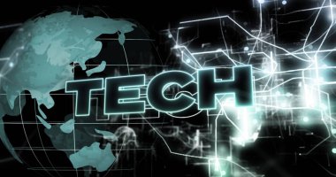 Siyah arka planda dünya çapında teknolojik metin görüntüsü. Sosyal medya ve dijital arayüz konsepti dijital olarak oluşturuldu.