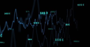 Siyah arkaplan üzerinde rakamlar olan finansal veri işleme resmi. Küresel ağlar, işletmeler, finansmanlar, hesaplama ve veri işleme kavramı dijital olarak oluşturuldu.