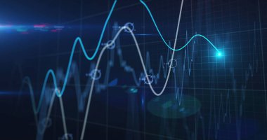 Siyah arkaplan üzerinden finansal veri işleme resmi. Küresel ağlar, işletmeler, finansmanlar, hesaplama ve veri işleme kavramı dijital olarak oluşturuldu.