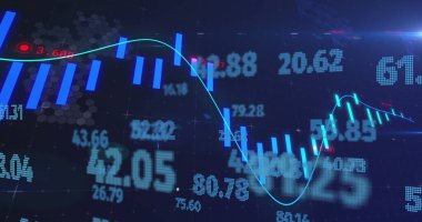Sayıların değişmesi üzerine finansal veri işleme resmi. Küresel iş, finans, hesaplama ve veri işleme kavramı dijital olarak oluşturulmuş görüntü.