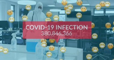 Kelime covid-19 ve emojiler ofisi dezenfekte eden adamla birlikte yüzüyor. Coronavirus covid 19 salgını sırasında sağlık ve koruma dijital olarak üretilen görüntü.