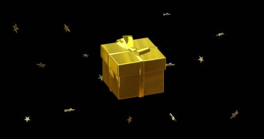Altın noel hediyesi, siyah arka planda altın yıldızlarla dönüyor. Noel, dekorasyon, gelenek ve dijital olarak oluşturulan imajı kutlamak.