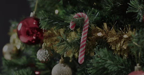 お祝いの装飾で飾られたクリスマスツリー 装飾とトンボは家の設定に居心地の良い休日の雰囲気を追加する — ストック写真