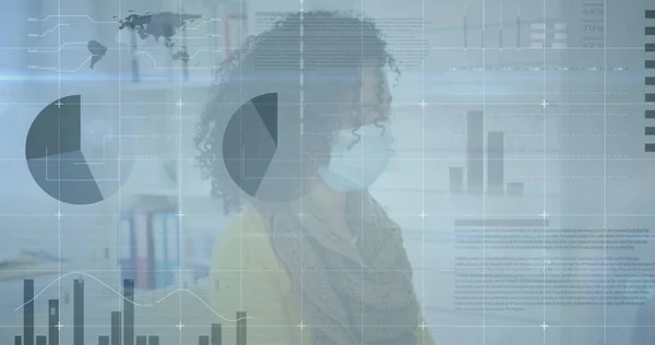 Image Digital Interface Showing Statistics Woman Office Wearing Face Masks — Stock Photo, Image