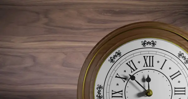Image of clock ticking over wooden background. Global finance, business, connections, computing and data processing concept digitally generated image.