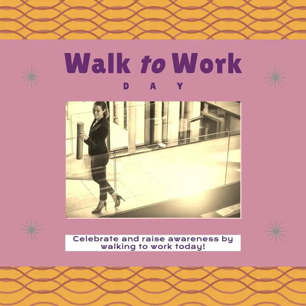 Composition of walk to work day text over caucasian businesswoman at office on pink background. Walk to work day and active lifestyle concept digitally generated image.