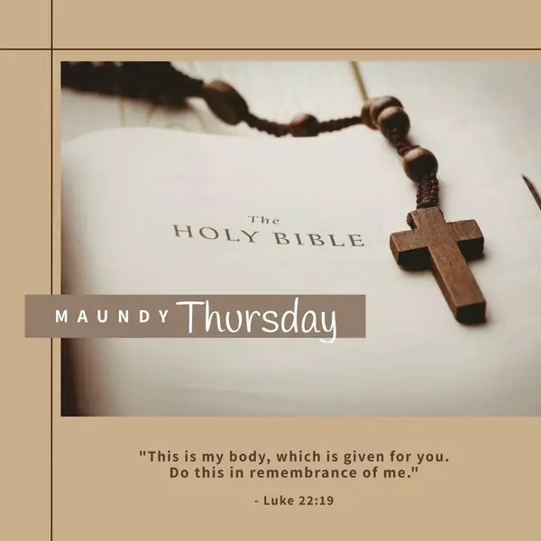 Composition of maundy thursday text over rosary and holy bible on beige background. Maundy thursday tradition and religion concept digitally generated image.