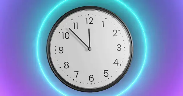 Image of clock ticking over pink circles background. Global finance, business, connections, computing and data processing concept digitally generated image.
