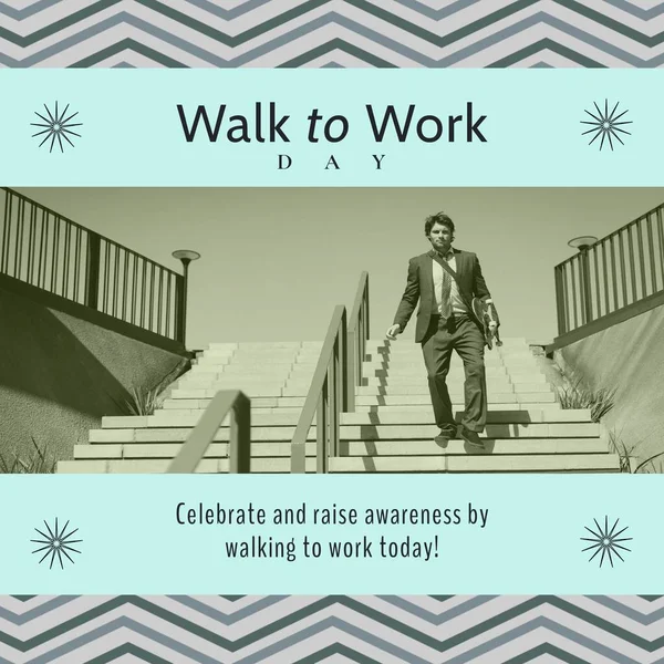 步行到工作日的组成文字在高加索商人上走楼梯的蓝色背景 步行上班和积极的生活方式概念数码生成的图像 — 图库照片