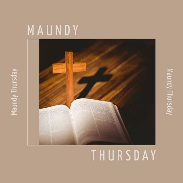 Composition of maundy thursday text over cross and holy bible on beige background. Maundy thursday tradition and religion concept digitally generated image.