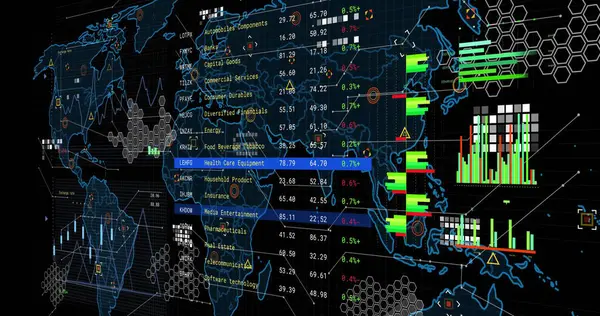 Image of financial data processing over screen and world map. Global networks, business, finances, computing and data processing concept digitally generated image.