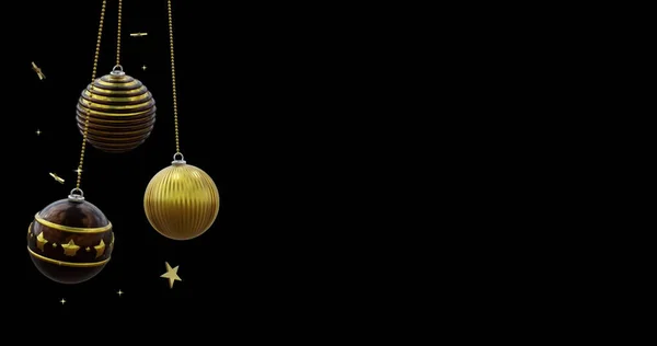 Черно Золотые Рождественские Безделушки Раскачивающиеся Золотыми Звездами Черном Фоне Копия — стоковое фото