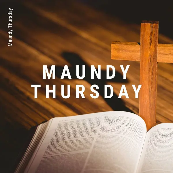 Composition of maundy thursday text over cross and holy bible. Maundy thursday tradition and religion concept digitally generated image.
