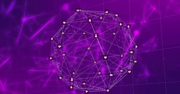 Bild Des Globus Der Verbindungen Mit Symbolen Auf Violettem Hintergrund — Stockfoto