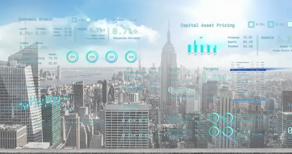 Bild Der Finanzdatenverarbeitung Über Dem Stadtbild Globales Geschäfts Finanz Rechen — Stockfoto