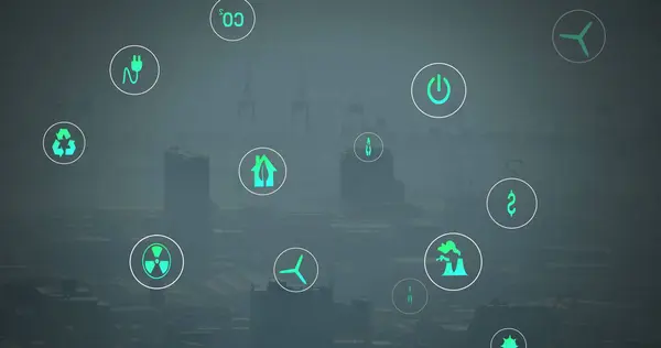 Image of falling eco icons over refinery. Ev charging station for electric car, green energy, eco power, sustainability and co2 reduction concept digitally generated image.