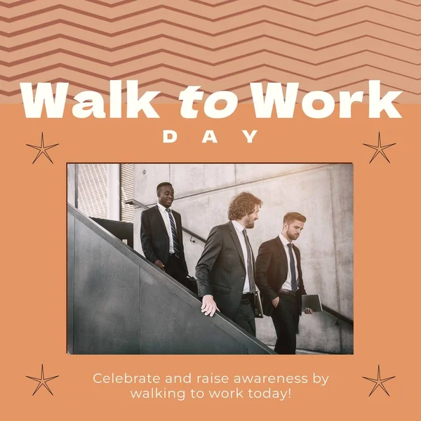 Composition of walk to work day text over diverse business people at office on orange background. Walk to work day and active lifestyle concept digitally generated image.