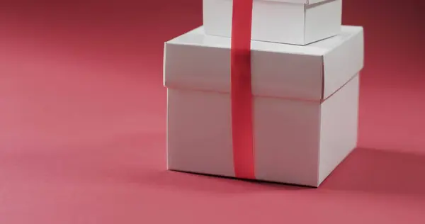 White Gift Boxes Red Ribbon Pink Background Presents Often Associated — Stock Photo, Image