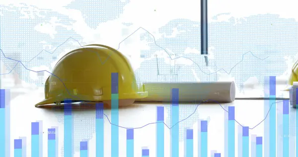 Image of statistics and data processing over hard hat and plans in office. Global architecture, business, connections, computing and data processing concept digitally generated image.