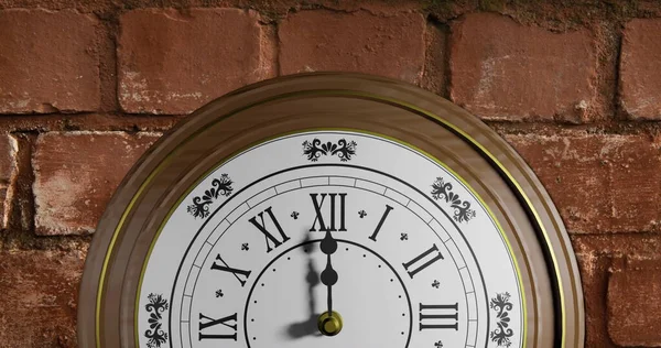 Image of clock ticking over brick wall background. Global finance, business, connections, computing and data processing concept digitally generated image.