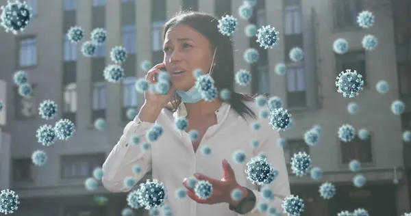 Covid Cells Floating Woman Face Mask Talking Smartphone Coronavirus Covid — Stock Photo, Image