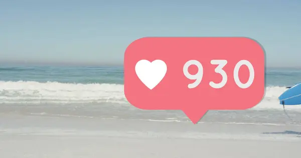 Image of speech bubble with heart icon and numbers over man running with surfboard on beach. digital interface, social media and global network concept digitally generated image.