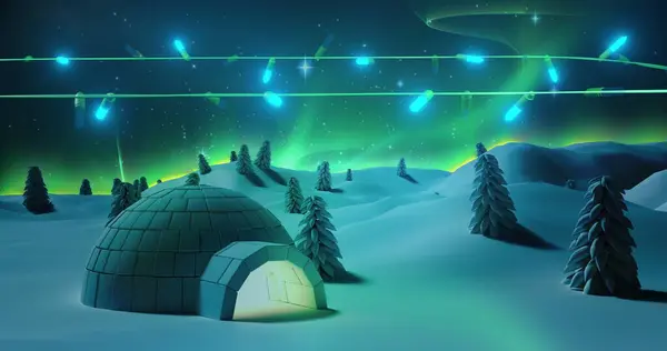 Mavi Noel Işıkları Kış Sahnesinde Parlıyor Eskimo Evi Kuzey Işıklarıyla — Stok fotoğraf