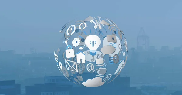 Image of globe with icons over cityscape. Global business, computing and digital interface concept digitally generated image.