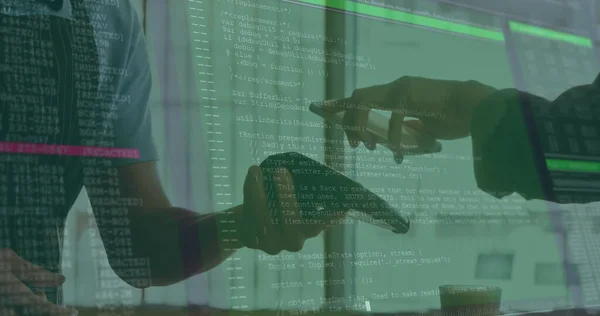 Image of data processing on computer screen, person making contactless payment with smartphone. digital interface, global technology and connection concept digitally generated image.
