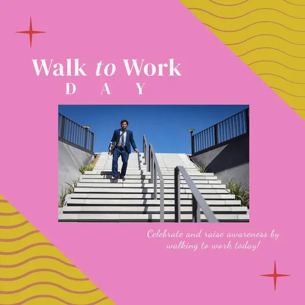 Composition of walk to work day text over caucasian businessman walking stairs on pink background. Walk to work day and active lifestyle concept digitally generated image.