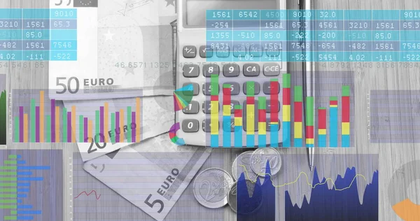 Image of financial data processing over calculator, euro currency bills and coins. Global business, finances, computing and data processing concept digitally generated image.