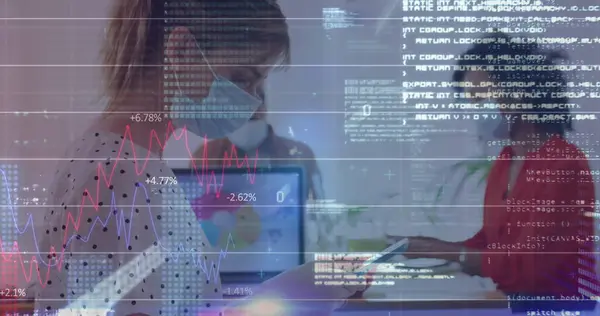 Image Digital Interface Showing Statistics Colleagues Office Wearing Face Masks — Stock Photo, Image