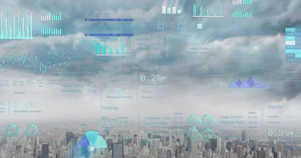Bild Der Finanzdatenverarbeitung Über Dem Stadtbild Globales Geschäfts Finanz Rechen — Stockfoto